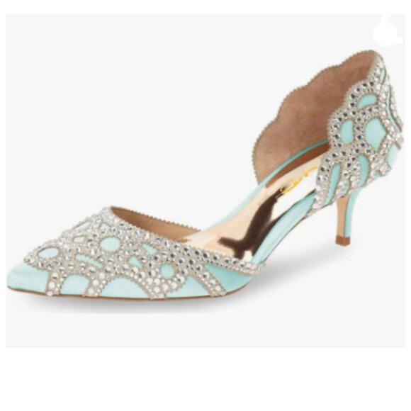 XYD Light Cyan Pointed Toe D'Orsay Kitten Heel Rhinestone Slip-On Satin Shoes - Picture 1 of 8